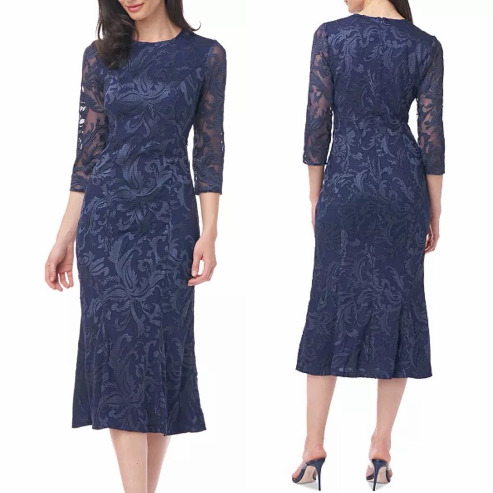 NWT Nordstrom JS Collections Navy Blue Embroidered Lace Midi Dress 3/4 Sleeve 8